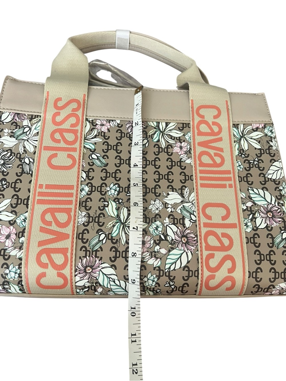 NWT Cavalli Class Serena Floral Logo Tote Bag Beige Cream - Picture 12 of 14